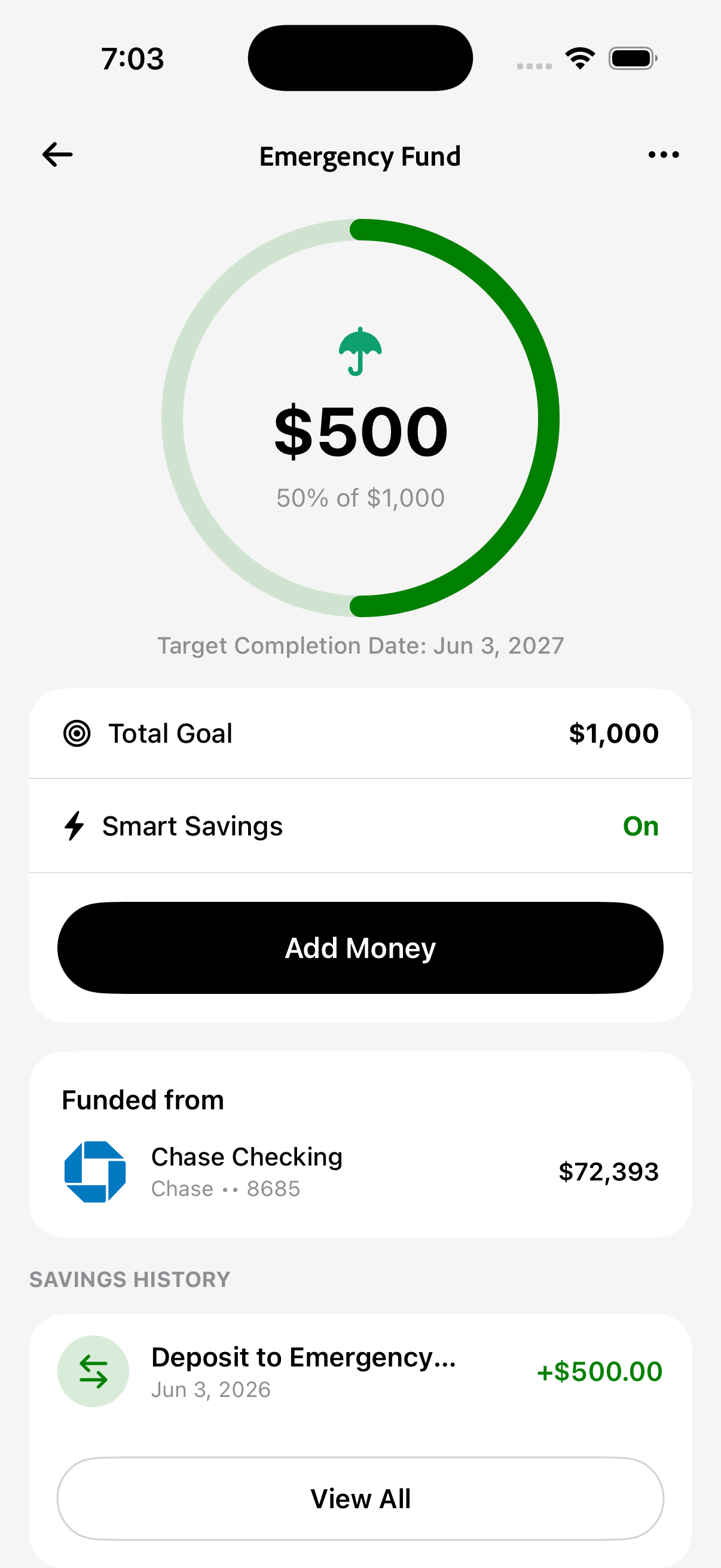 Cove savings goals view