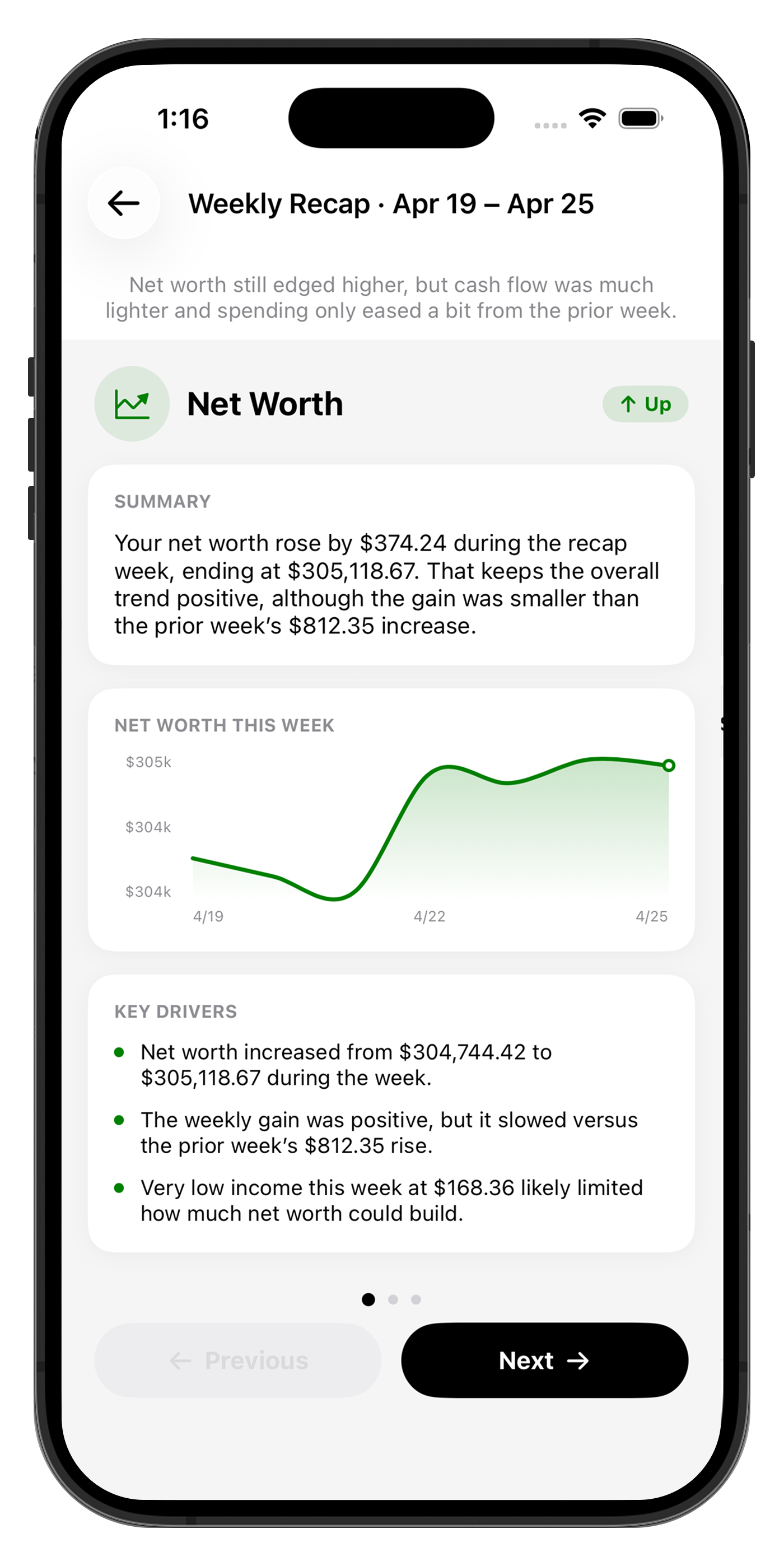 Cove weekly recap summarizing spending and net worth